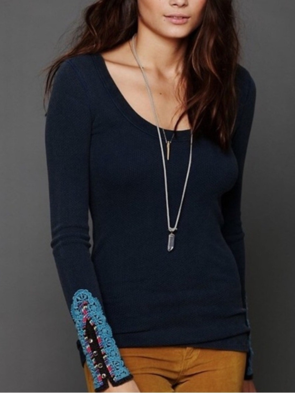 O Free People Fiesta Cuff Navy Scoop Neck Top with Embroidered Cuff XS